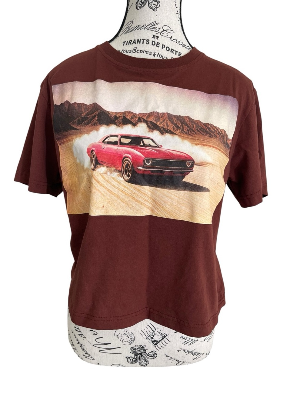 Women’s Short Sleeve Graphic Tee in Brown with Red Car Print